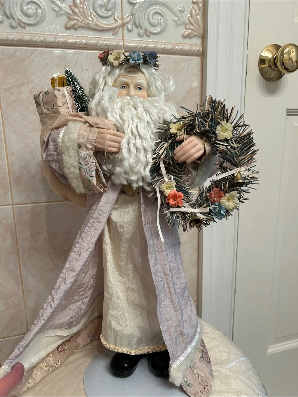 Classic Pink and Cream Santa Holiday Figure with Wreath